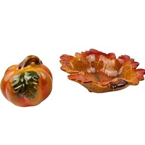 Ceramic Fall Decor Set Pumpkin Candy Dish Leaf Bowl Autumn Harvest Decor